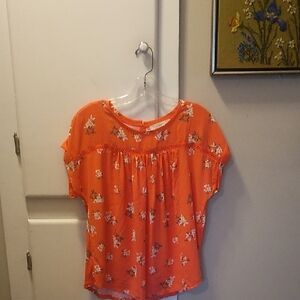 LOFT Orange Floral Cap-Sleeve Blouse